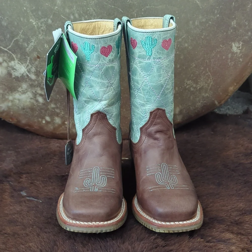 TIN HAUL I<3 Cactus🌵 cowgirl boots brown/lake green/pink sz 2 little girl NWT